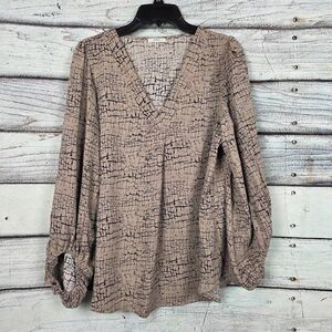 Jodifl Taupe Abstract Print V Neck Blouse M